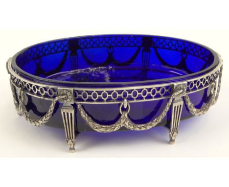 Antique Footed Dutch Silver and Cobalt Glass Open Potpourri/Small Center Bowl. Marked with Impressed Lion Passant Hallmark. P