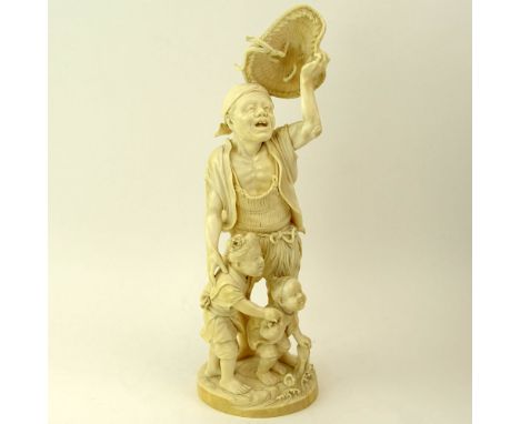 Impressive Ryuichi Meiji Japanese Carved Ivory Figure of a Man With Two Small Children. Extremely Well Done. Carved Signature