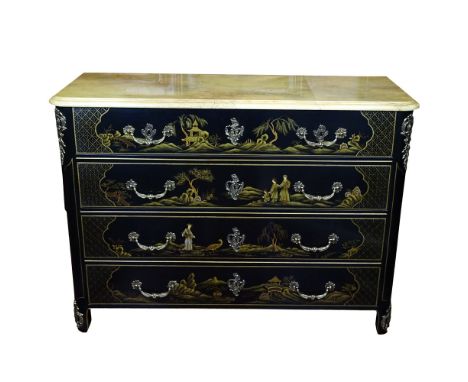 Mid-Century Baker Furniture Chinoiserie Commode with Faux Marble Painted Top. Signed Baker. Good condition. Measures 35" H x 