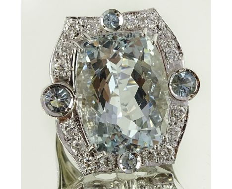 Lady's Large 21.50 Carat Cushion Cut Aquamarine and 14 Karat White Gold Ring Accented with 1.30 Carat Round Cut Diamond and .