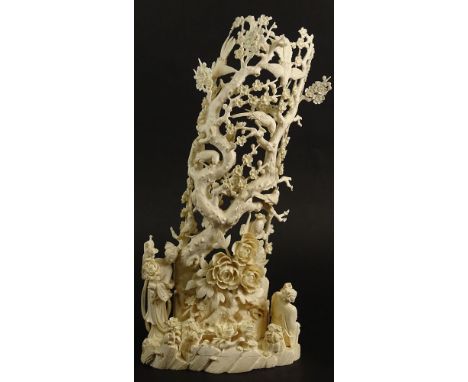 Large Chinese Cultural Revolution Carved Ivory Tree Sculpture with Finely Detailed Peony Flowers, Blossoms, Birds and Attenda