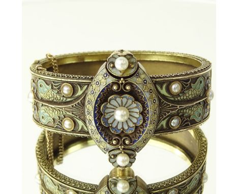 19th Century Finely Made 14 Karat Yellow Gold, Enamel and Pearl Bangle Bracelet. Signed Mockba (Russia) 1827. Minor ding and 