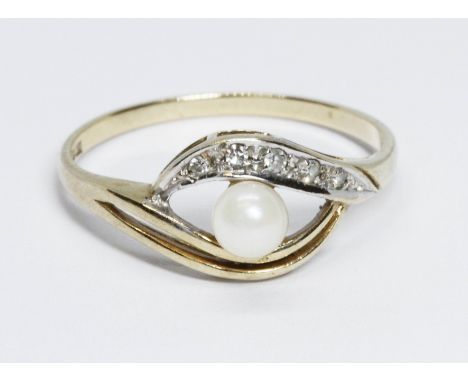 A hallmarked 9ct gold cultured pearl and diamond ring, gross weight 1.7g, size P.  