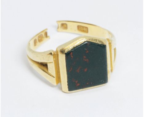 An antique hallmarked 18ct gold bloodstone seal ring, gross weight 6g.  Condition - band cut through hallmarks, general wear.