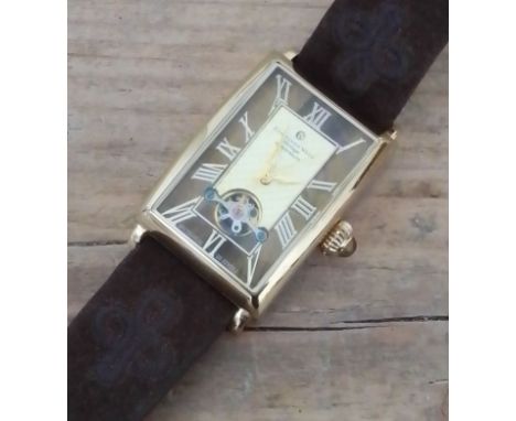A gent's Contantin Weisz gold plated wristwatch, case length 42mm, manual wind movement, leather strap.  Condition - appears 