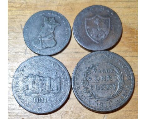 A group of four copper tokens comprising an 1811 worcester city and county 1 penny, 1811 newark 1 penny &amp; 2 x 1794 john o