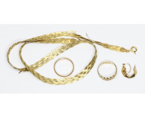 Assorted 9ct gold comprising a necklace (broken), an odd earring, a wedding band and a knotted ring, gross weight 10.7g, toge