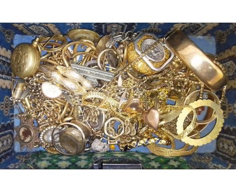 A Japanese tin containing mainly vintage yellow metal jewellery.  