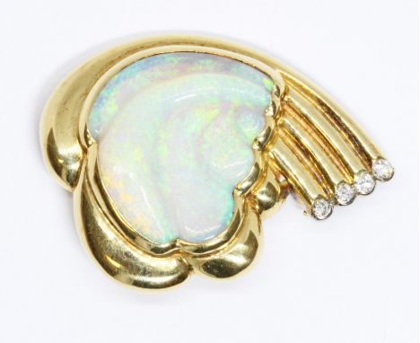 An 18ct gold opal and diamond brooch modelled as a cloud with central carved opal in front of a four ray rainbow set with fou