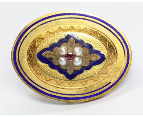 A Victorian yellow metal mourning brooch, set with a central ruby, four split pearls above blue enamel, unmarked, length 41mm