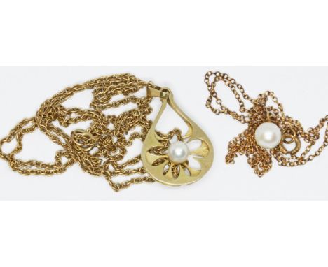 Two cultured pearl pendants, marked '9ct', gross weight 7.9g.  