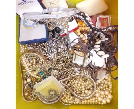 A box of assorted vintage and modern costume jewellery including an Art Deco beaded choker necklace etc.  