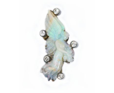 A carved opal and diamond brooch, circa 1900, probably by Wilhelm Schmidt (1845-1938), the carved opal with matrix backing de