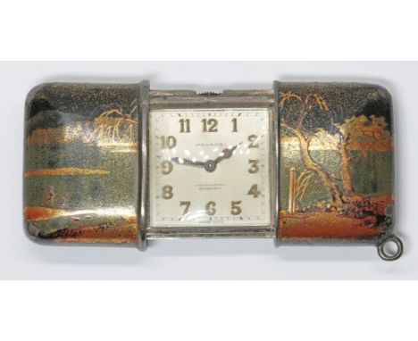 A Movado Chronometer Ermeto silver and chinoiserie decorated enamel purse watch, length 46mm extending to 70mm.  Condition - 