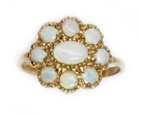A 9ct gold opal cluster ring, the cluster measuring approximately 13mm x 14mm, sponsor 'PR', Birmingham 1994, gross weight 2g
