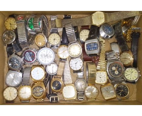 A box of assorted mainly vintage wristwatches, all as found.  