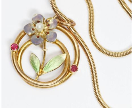 An early 20th century enamel pendant, floral design set with rubies, marked '15c', diameter 20mm, suspended on 43cm snake lin
