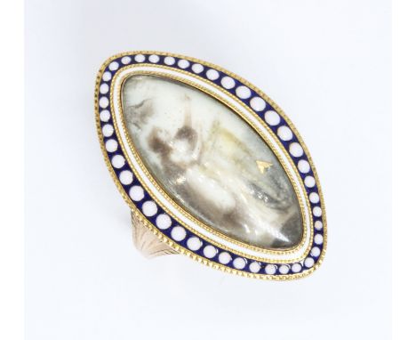 A Georgian navette ring, circa 1800, miniature portrait on ivory painted en grille, blue and white enamel border, engraved sh