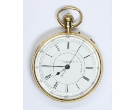 An 18ct gold open faced pocket watch, the white enamel dial signed 'J. Hargreaves &amp; Co Liverpool', case diameter 55mm, ha