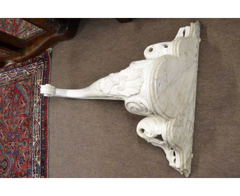 A 19th Century white painted and marble topped wall mounted console table with single scrolled leg and pierced border, 85cm h