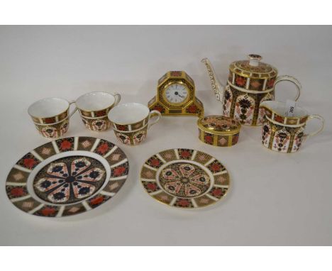 Collection of Royal Crown Derby wares in the old Imari pattern and others including a teapot, mantel clock, milk jug, box and
