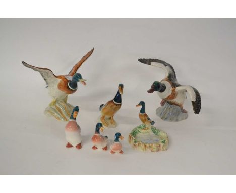 Models of pheasants, Beswick pin dishes and two small ducks