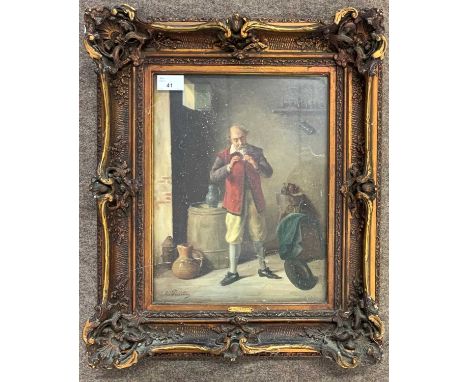 E. Perretton (British, 19th century), Interior scene with a a gentleman smoking a clay pipe, oil on board, signed, 25x33cm, f