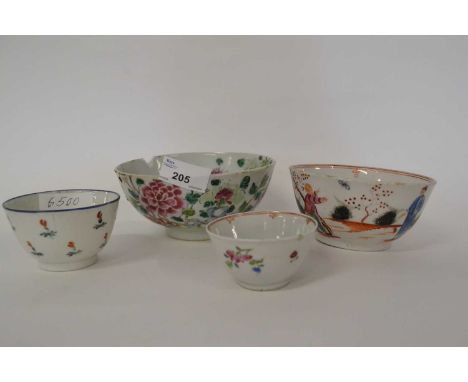 An 18th Century Chinese porcelain bowl with a famille rose design (a/f) together with further Chinese tea bowl with a famille