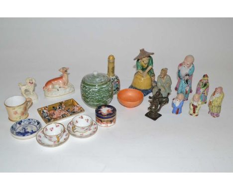 A box of china items mainly Chinese including pottery figures, china figures of immortals together with some English ceramics