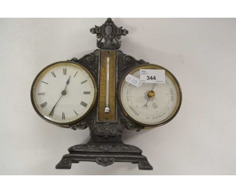A late 19th Century mantel clock and barometer in metal case