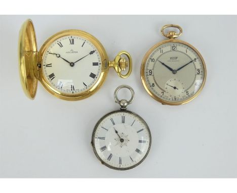 Three pocket watches including a gold plated Tissot, a Helvetia gold plated full hunter and a silver cased fob watch with ena