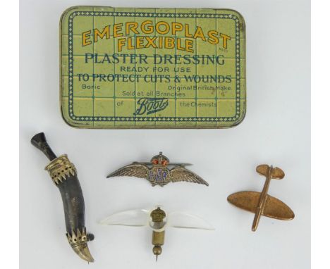 Two WWII RAF sweetheart brooches, one enamelled silver and one made from lucite, a copper trench art Spitfire brooch and a si