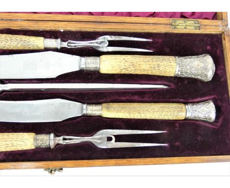 Victorian five piece carving set with silver mounted antler handles in fitted oak case. Hallmarked for Sheffield 1884, Harris