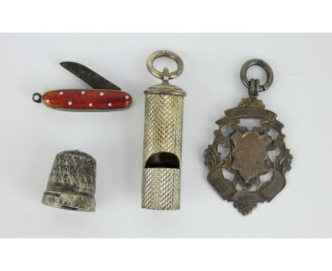 Edwardian silver whistle by Sampson Mordan &amp; Co, hallmarked 1902, a silver fob, a silver thimble and a miniature enamelle