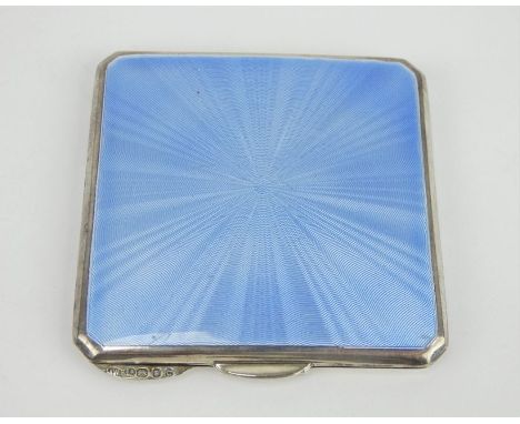 Art Deco silver and blue guilloche enamel powder compact, hallmarked for London, J W Benson Ltd 1938. Mirror cracked. Gross w