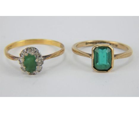 18ct gold emerald and diamond ring, size P and a 9ct gold green stone set ring size M.&nbsp; Gross combined weight 3.9 grams.