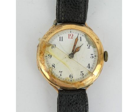 WW1 era 14ct gold cased Swiss Cyrus trench style wrist watch with enamel dial 33mm. Glass loose. Untested.