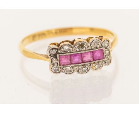 An early 20th century ruby and diamond dress ring. Stamped "18ct Plat" to the shank. Size P. Gross weight approximately 2.1 g
