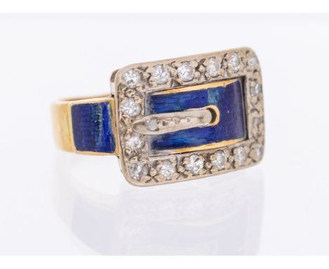 A Victorian revival 18ct gold enamel and diamond buckle ring. Hallmarked for London 1978. Size I. Gross weight approximately 