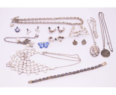 A collection of vintage and contemporary silver jewellery. To feature a small blue enamel butterfly brooch marked " J A &amp;