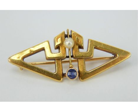 14ct gold geometric Art Deco pearl and sapphire brooch, 35mm x 15mm, and a scrap earring. Gross weight 2.7 grams