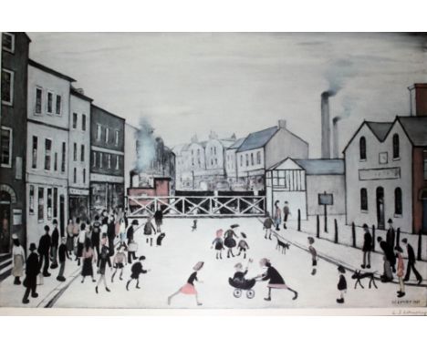 After Laurence Stephen Lowry (1887-1976), "Level Crossing", offset lithograph printed in colours, 56cm x 41cm, blindstamp low