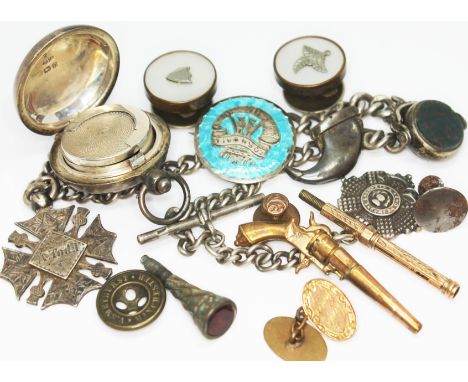 A mixed of hallmarked silver comprising a coin case, a chain with Scottish silver fob and another fob, together with an ename