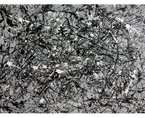 20th century school, after Jackson Pollock, oil on board, 73cm x 53cm, signed 'Michael Bentley', glazed and framed, 100cm x 8