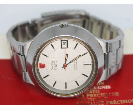 A vintage 1970 Omega Electronic f300Hz Seamaster Chronometer 198.0008 stainless steel wristwatch with signed silver dial, han