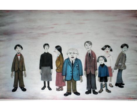 After Laurence Stephen Lowry (1887-1976), "His Family", offset lithograph printed in colours, 70cm x 52cm, blindstamp lower l