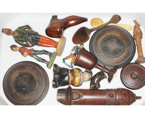 A mixed box of mainly treen, including a bird caller, boot snuff box, an Elastolin figure etc.  
