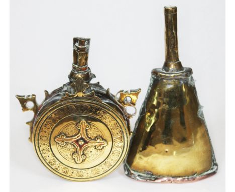 An eastern brass shot flask and another.  