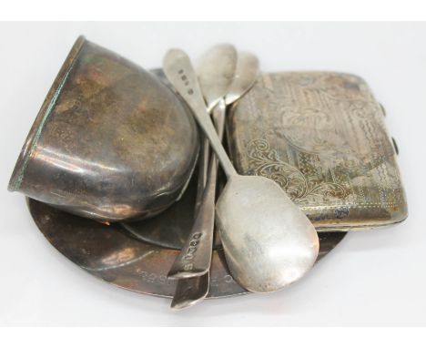 A mixed lot of hallmarked silver comprising a dish, three spoons, a cigarette case and the bottom off a hip flask, gross wt. 