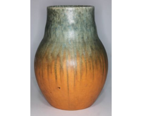 A Ruskin pottery vase with green and orange mottled and crystalline glaze, with impressed mark, dated 1931 and W. Howson Tayl